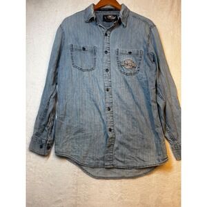 Harley Davidson Denim Shirt Mens Long Sleeve Button Up V Twin Power Embroidered